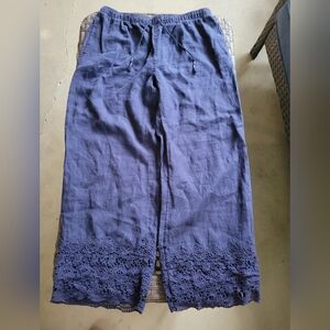 Navy Blue Lnnen Pants with Lace Hem